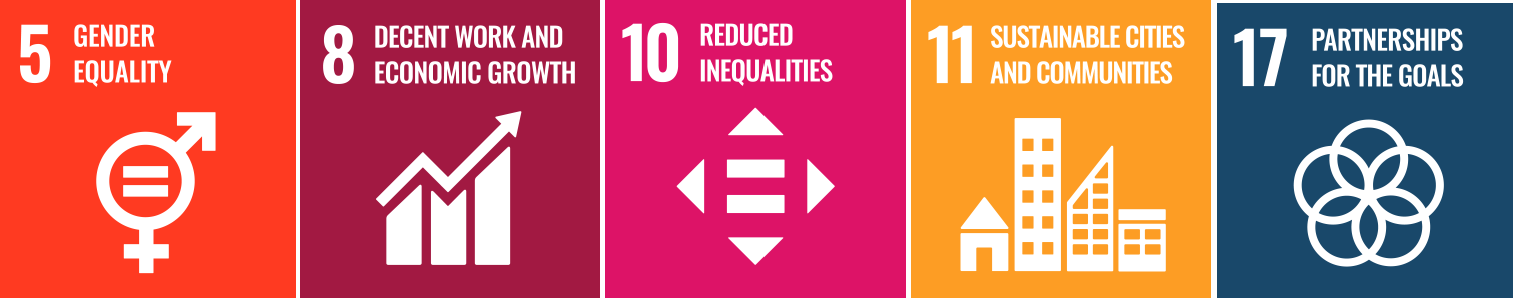 United Nations Sustainable Development Goals icons for Goal 5 Gender Equality, Goal 8 Decent Work and Economic Growth, Goal 10 Reduced Inequalities, Goal 11 Sustainable Cities and Communities, and Goal 17 Partnerships for the Goals displayed side by side.
